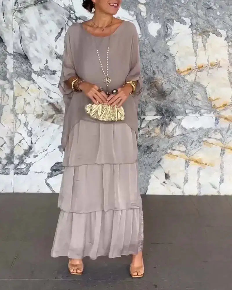 Spring Summer Print Patchwork Maxi Dress Outfits Fashion Bohemian Layered Cake Women  Chiffon O-neck Dolman Sleeve Long Dresses