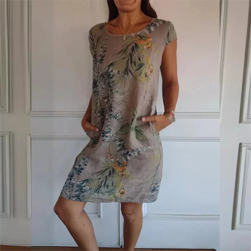 Elegant Botanical Print Side Double Pockets Dresses Women O Neck Short Sleeve Dress Summer Comfortable Cotton Linen Female Gown