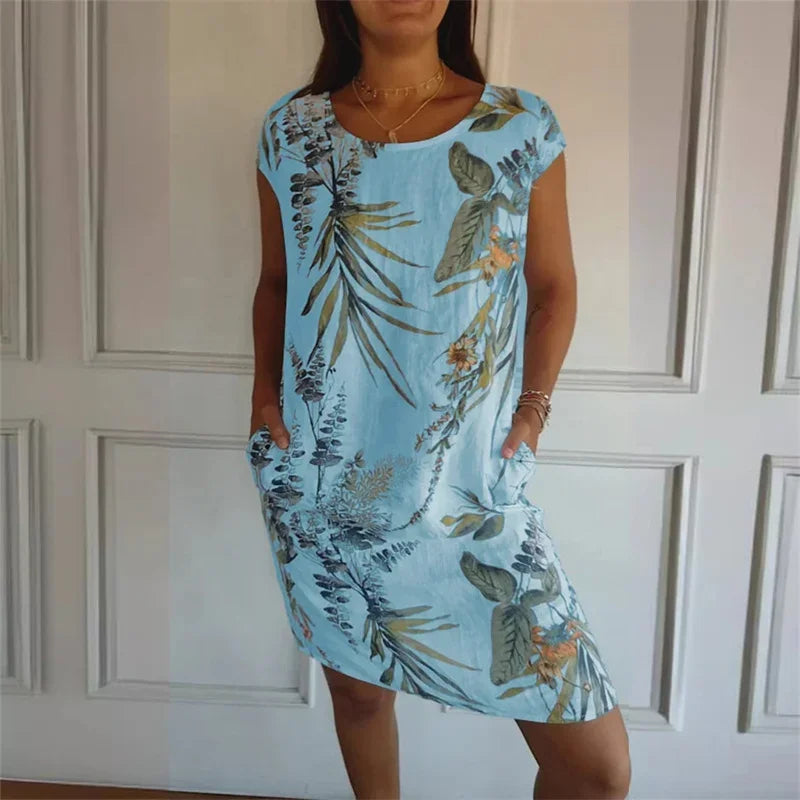 Elegant Botanical Print Side Double Pockets Dresses Women O Neck Short Sleeve Dress Summer Comfortable Cotton Linen Female Gown