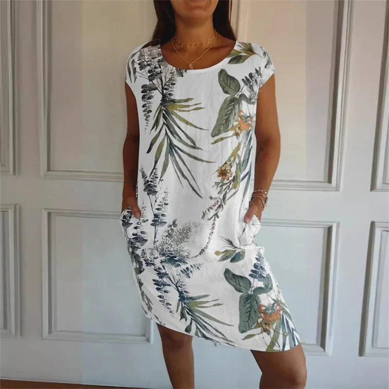 Elegant Botanical Print Side Double Pockets Dresses Women O Neck Short Sleeve Dress Summer Comfortable Cotton Linen Female Gown
