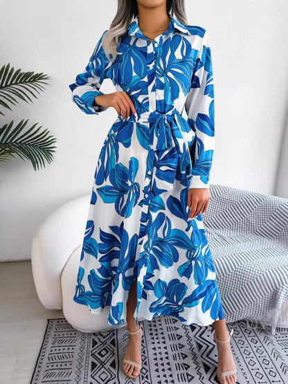 Lala | Women's Floral Print Belted Long Sleeve Maxi Shirt Dress