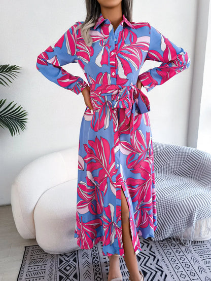 Lala | Women's Floral Print Belted Long Sleeve Maxi Shirt Dress