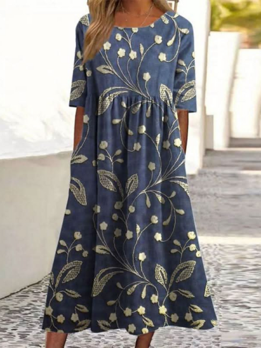 Laarni | Women's Embroidered Floral Short Sleeve Midi Dress