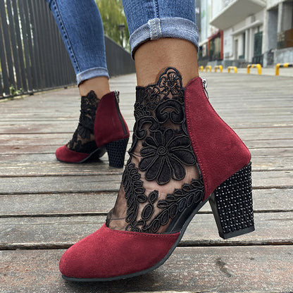 Jolie | Women's Lace Panel Pointed Toe Block Heel Ankle Boots