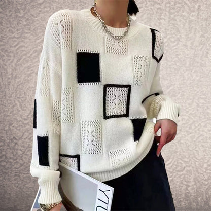 Lina | Women's Patchwork Pointelle Knit Crew Neck Sweater