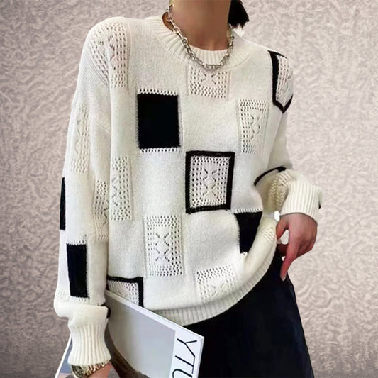 Lina | Women's Patchwork Pointelle Knit Crew Neck Sweater
