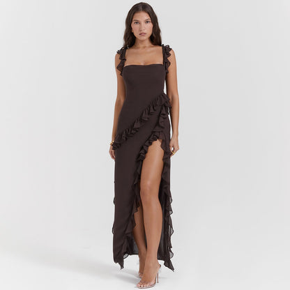 Alicia | Women's Square Neck Tie Shoulder Ruffle Maxi Dress with Slit