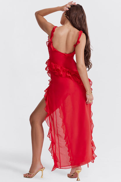 Alicia | Women's Square Neck Tie Shoulder Ruffle Maxi Dress with Slit