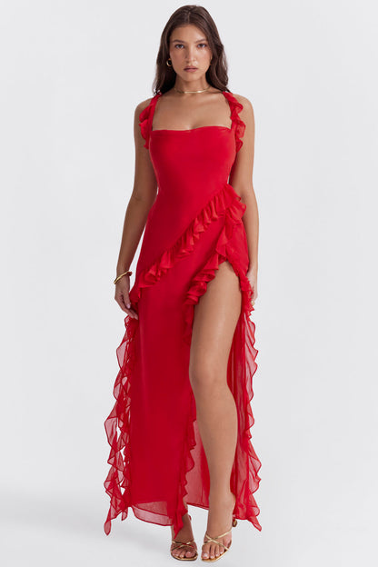 Alicia | Women's Square Neck Tie Shoulder Ruffle Maxi Dress with Slit