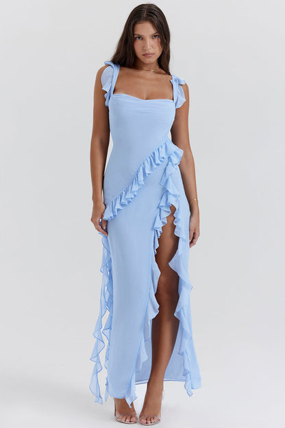 Alicia | Women's Square Neck Tie Shoulder Ruffle Maxi Dress with Slit
