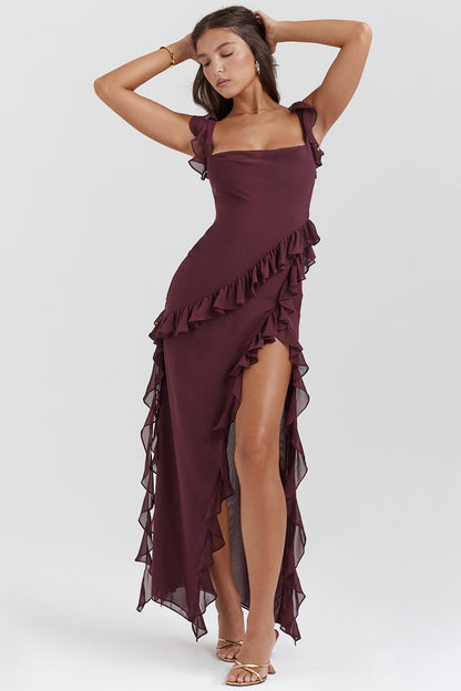 Alicia | Women's Square Neck Tie Shoulder Ruffle Maxi Dress with Slit