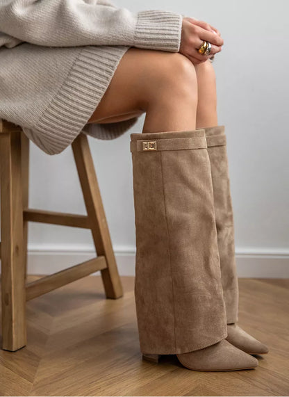 Arabella | Women's Faux Suede Fold Over Pointed Toe Knee High Boots