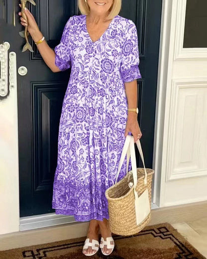 Keisha | Women's Floral Print V Neck Half Sleeve Maxi Dress