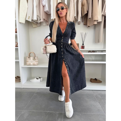 Maelle | Women's Denim V Neck Button Front Midi Dress