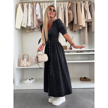 Maelle | Women's Denim V Neck Button Front Midi Dress