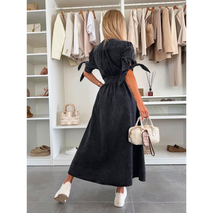 Maelle | Women's Denim V Neck Button Front Midi Dress