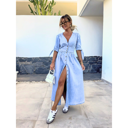 Maelle | Women's Denim V Neck Button Front Midi Dress