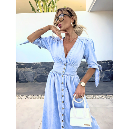 Maelle | Women's Denim V Neck Button Front Midi Dress