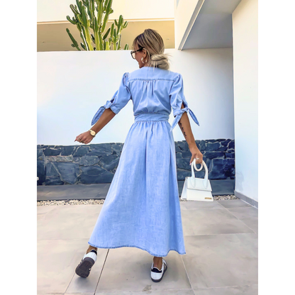 Maelle | Women's Denim V Neck Button Front Midi Dress