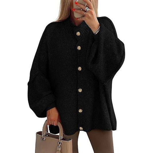Olivia | Women's Chunky Knit Mock Neck Button Cardigan with Lantern Sleeves