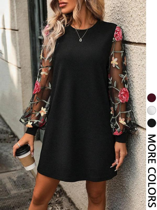 FLORA™ - Floral Embroidery Bishop Sleeve Dress for Parties & Weddings