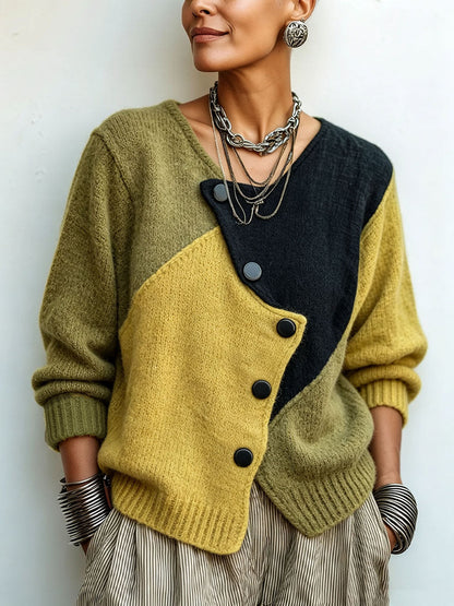 Giulia | Women's Colour Block Knit Asymmetric Button Cardigan