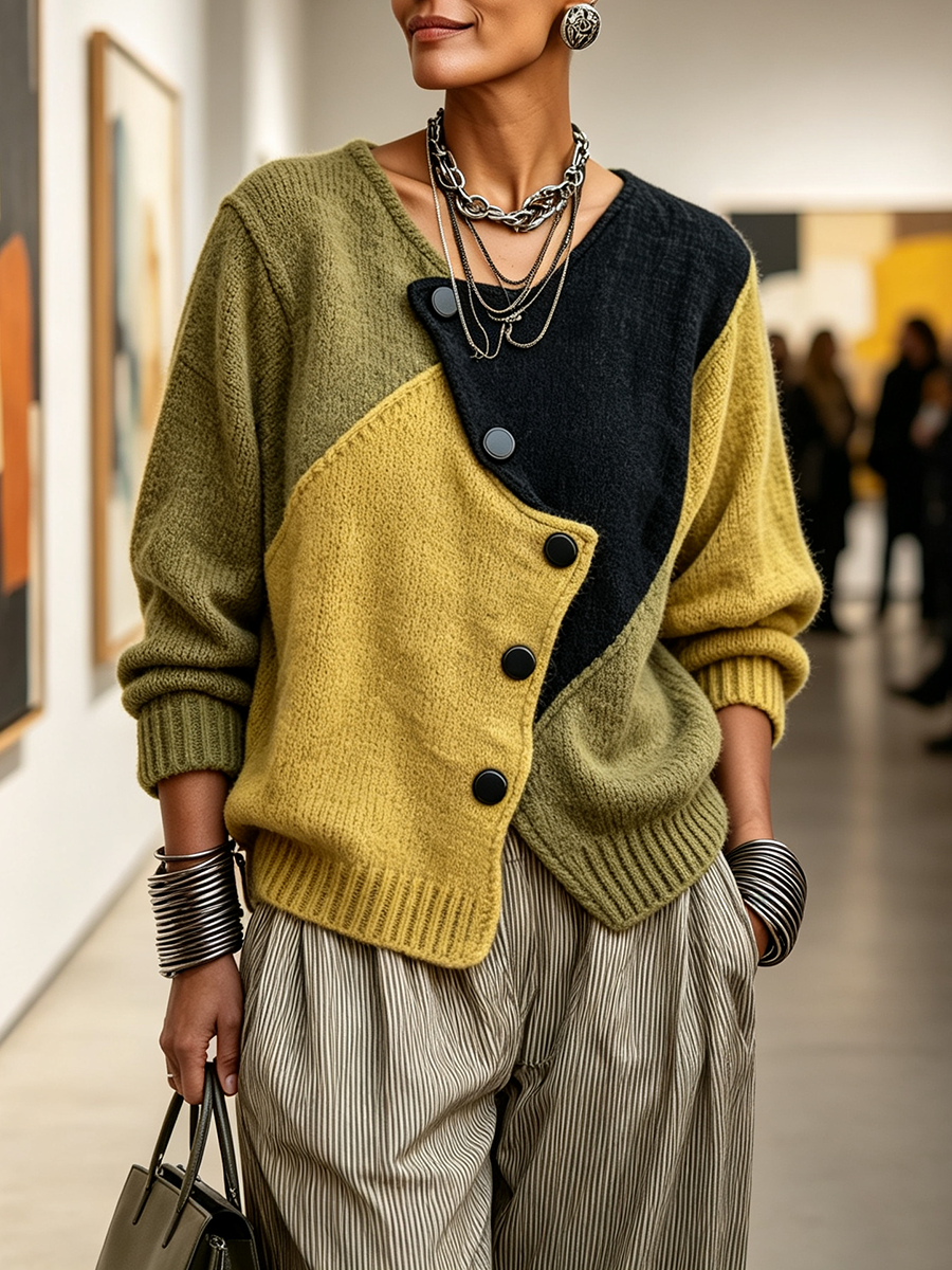 Giulia | Women's Colour Block Knit Asymmetric Button Cardigan