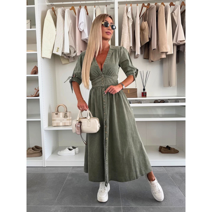 Maelle | Women's Denim V Neck Button Front Midi Dress