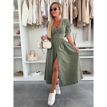 Maelle | Women's Denim V Neck Button Front Midi Dress