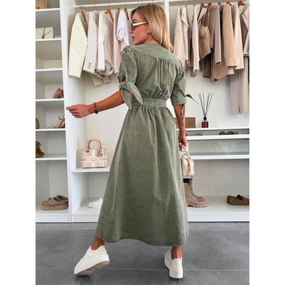 Maelle | Women's Denim V Neck Button Front Midi Dress
