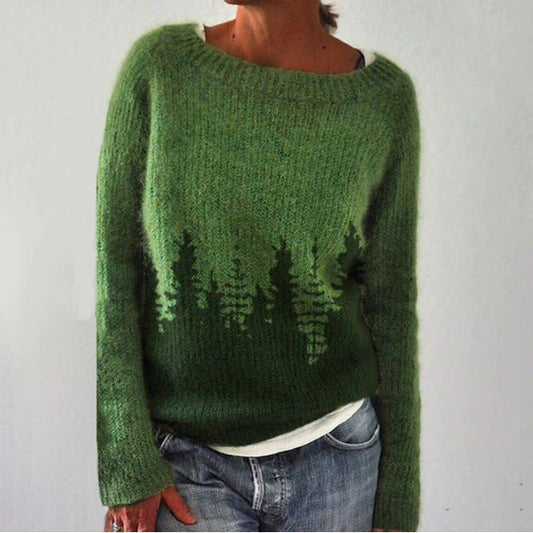 Laurie | Women's Forest Tree Pattern Knit Crew Neck Sweater