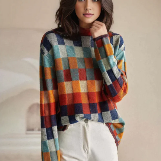 Mia | Women's Retro Plaid Check Knit Crew Neck Sweater