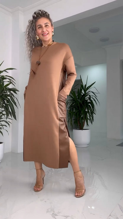 Marilyn | Women's Long Sleeve Round Neck Midi Dress with Side Slit