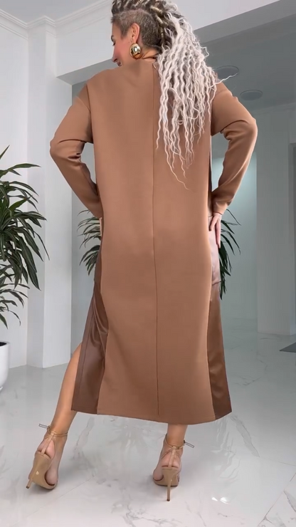 Marilyn | Women's Long Sleeve Round Neck Midi Dress with Side Slit