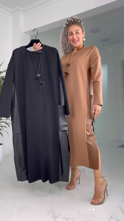 Marilyn | Women's Long Sleeve Round Neck Midi Dress with Side Slit