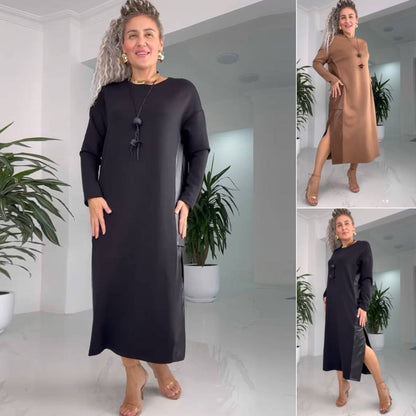 Marilyn | Women's Long Sleeve Round Neck Midi Dress with Side Slit