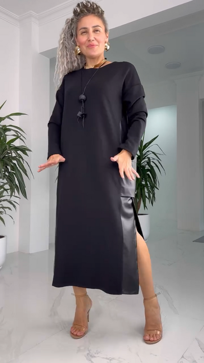 Marilyn | Women's Long Sleeve Round Neck Midi Dress with Side Slit