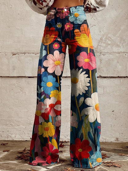 Fleur | Women's Floral Print High Waisted Wide Leg Pants