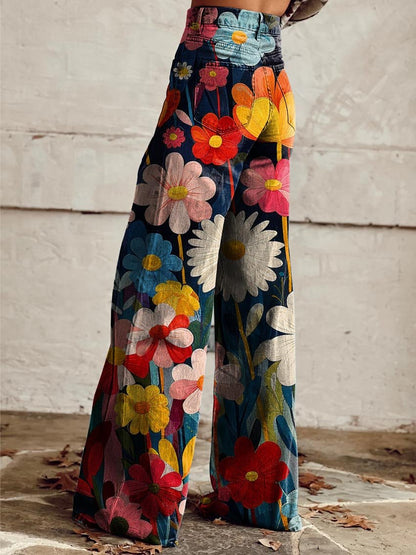 Fleur | Women's Floral Print High Waisted Wide Leg Pants