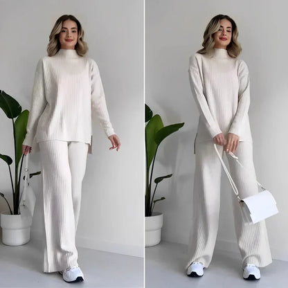 Lily | Women's Knit High Neck Sweater and Wide Leg Pants Matching Set