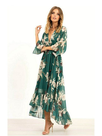 Yasmine | Women's Floral Wrap Midi Dress with Kimono Sleeves