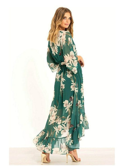 Yasmine | Women's Floral Wrap Midi Dress with Kimono Sleeves