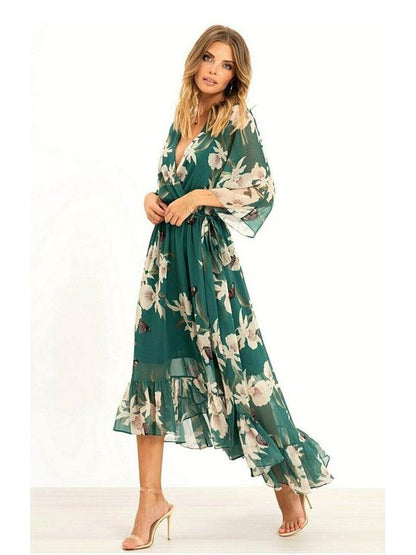 Yasmine | Women's Floral Wrap Midi Dress with Kimono Sleeves