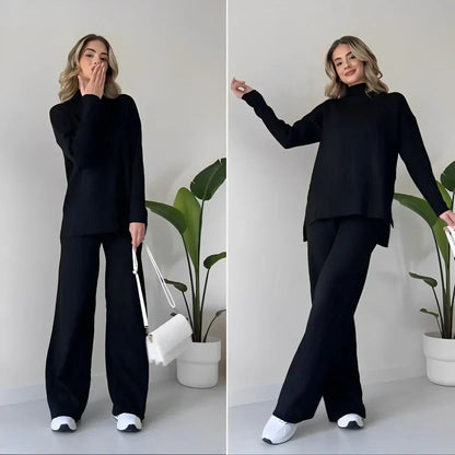 Lily | Women's Knit High Neck Sweater and Wide Leg Pants Matching Set