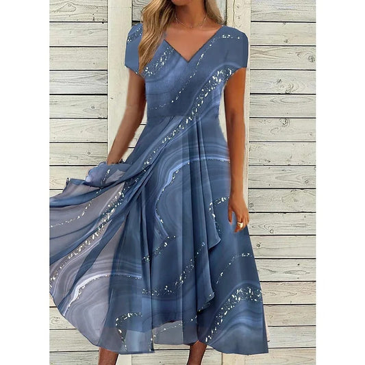 Lyanna | Women's Printed V Neck Asymmetric Hem Midi Dress