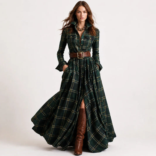 Margaret | Women's Plaid Maxi Shirt Dress with Belt and Pockets