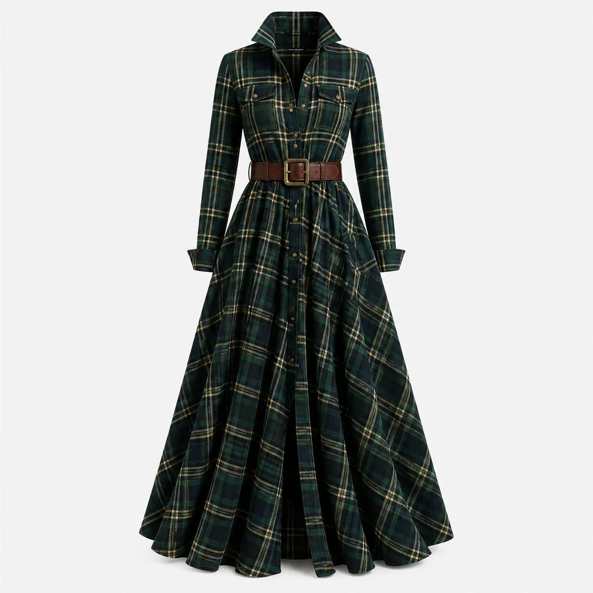 Margaret | Women's Plaid Maxi Shirt Dress with Belt and Pockets