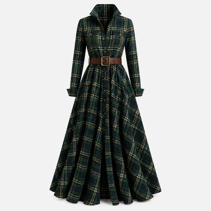 Margaret | Women's Plaid Maxi Shirt Dress with Belt and Pockets
