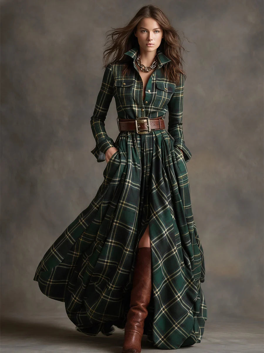 Margaret | Women's Plaid Maxi Shirt Dress with Belt and Pockets