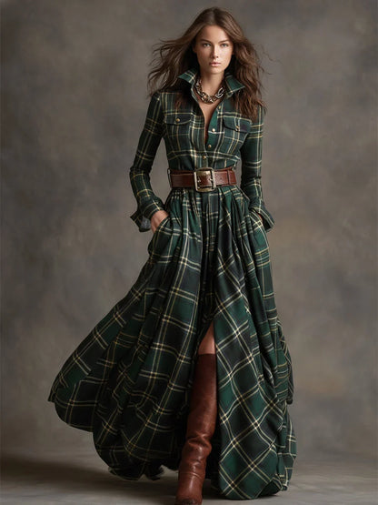 Margaret | Women's Plaid Maxi Shirt Dress with Belt and Pockets